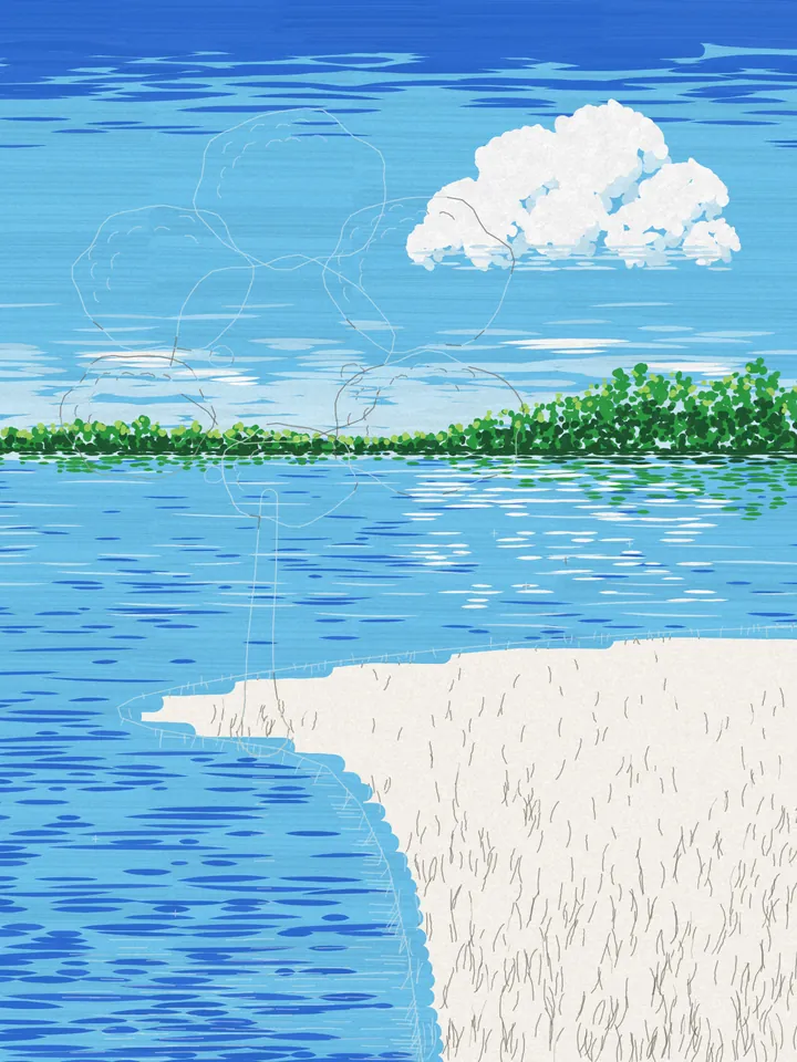 The lake painting halfway: sky, cloud, forest and water in colour, the bank and the tree still in pencil