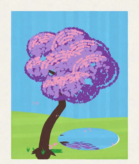 A tree with pink blossom over a small pond