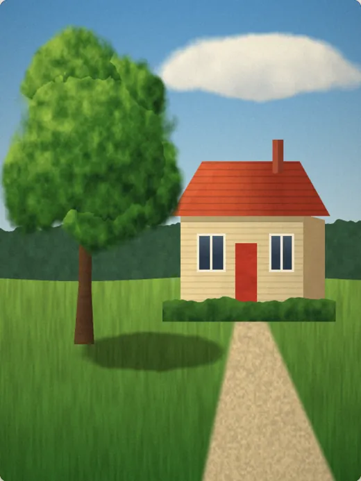 A photo of a house with a red roof, a tree and a path